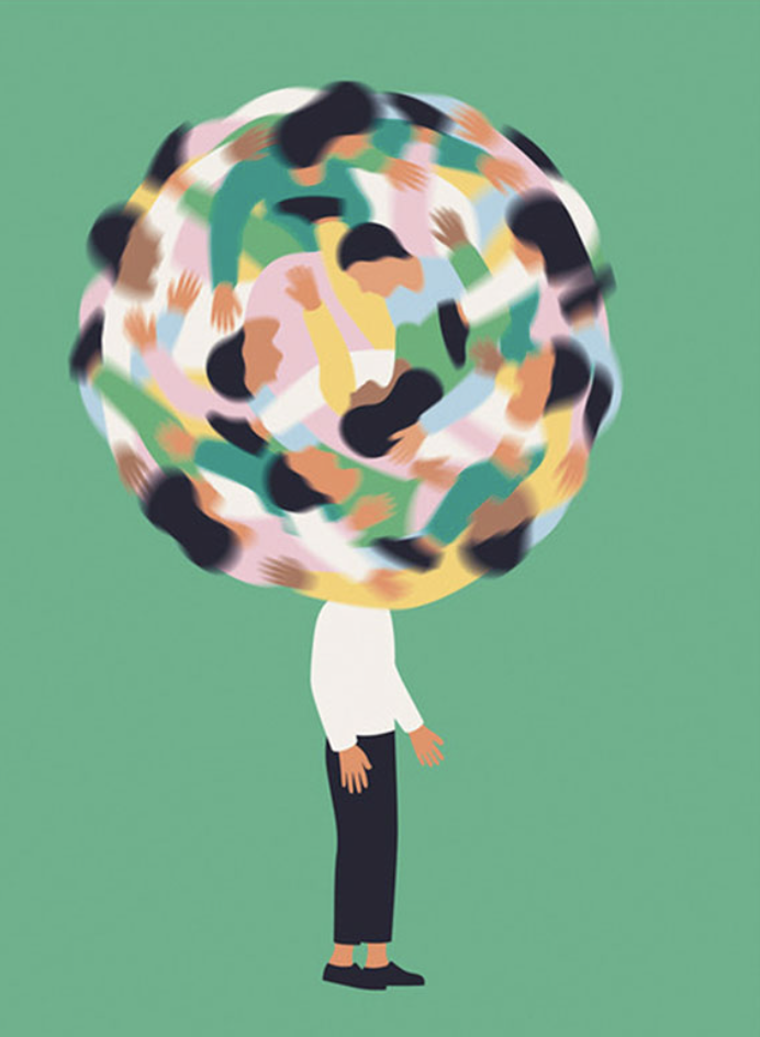 Illustration einer Person, die eine vielfältige Gedankenwelt trägt